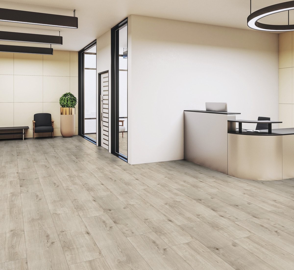 Moderne Eingangshalle mit hellem Holzoptik Bodenbelag, Wandgestaltung und Rezeption. Raumgestaltung mit Sitzmöbeln.