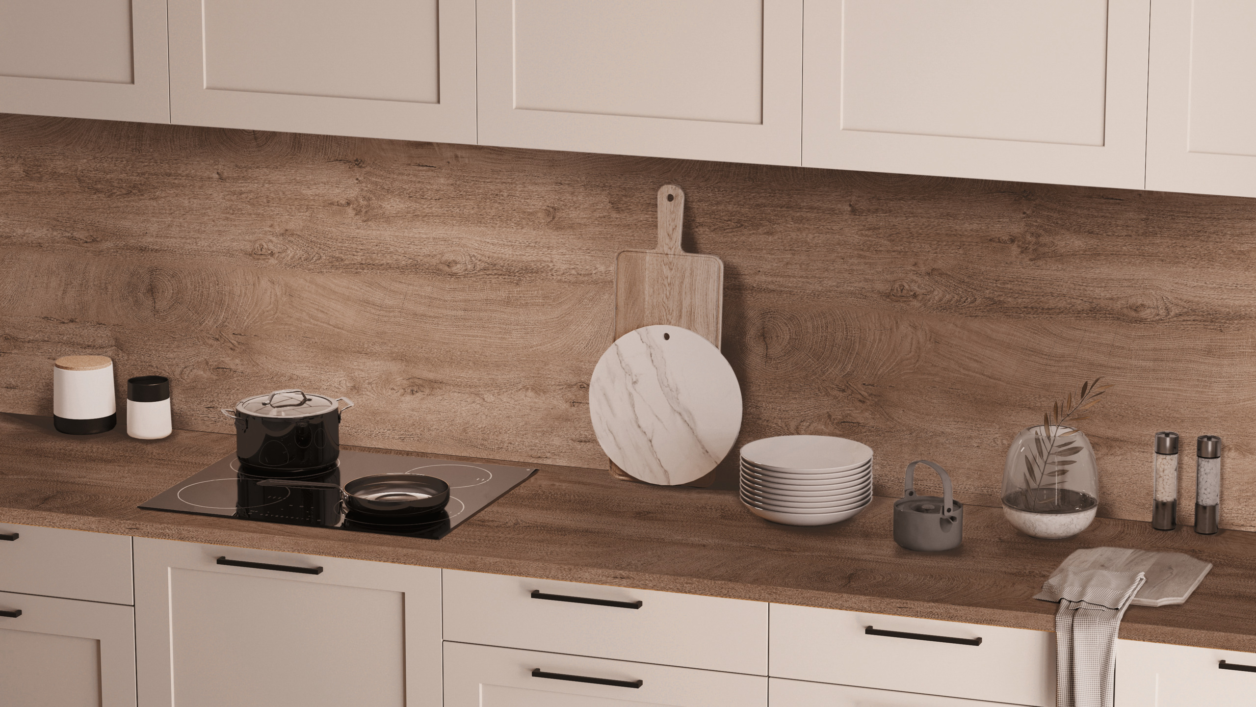kitchen, The output should be German though, counter, holzoptik, teller