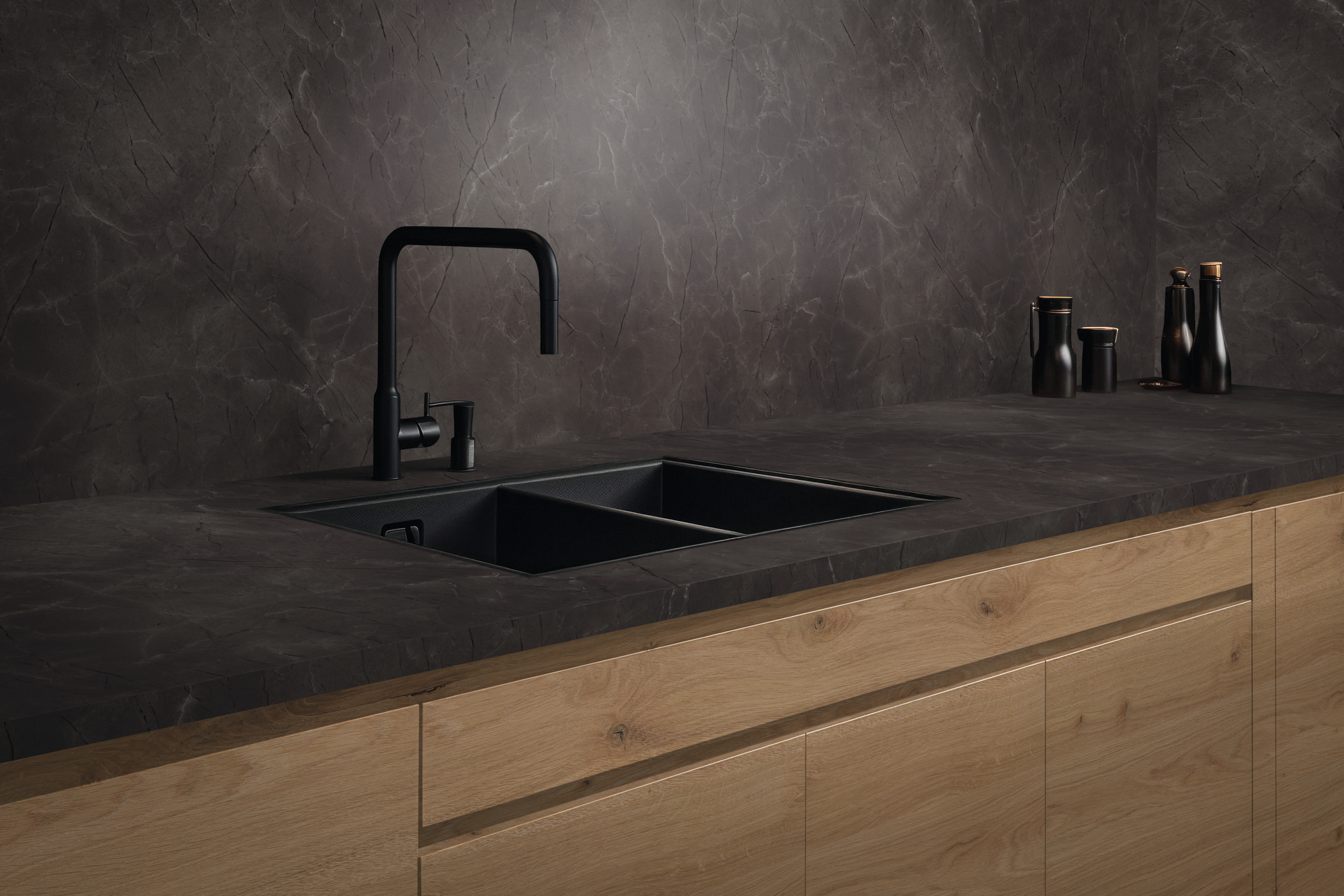 kitchen, spüle, schwarzer-armatur, marmor-arbeitsplatte, holzunterschrank