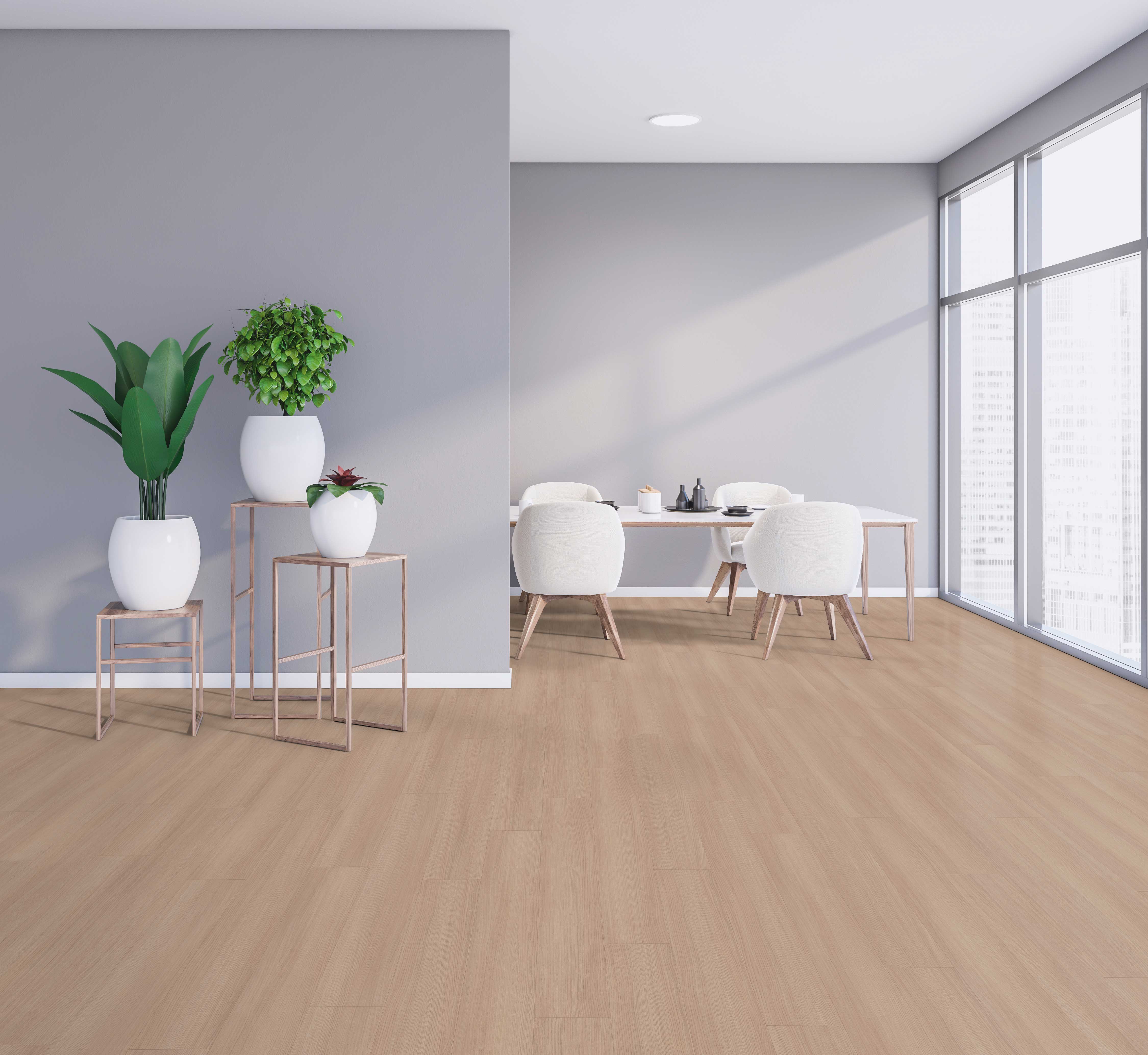 Moderne Raumgestaltung mit heller Holzoptik Bodenbelag, grauer Wandgestaltung und Esstisch mit weißen Stühlen.