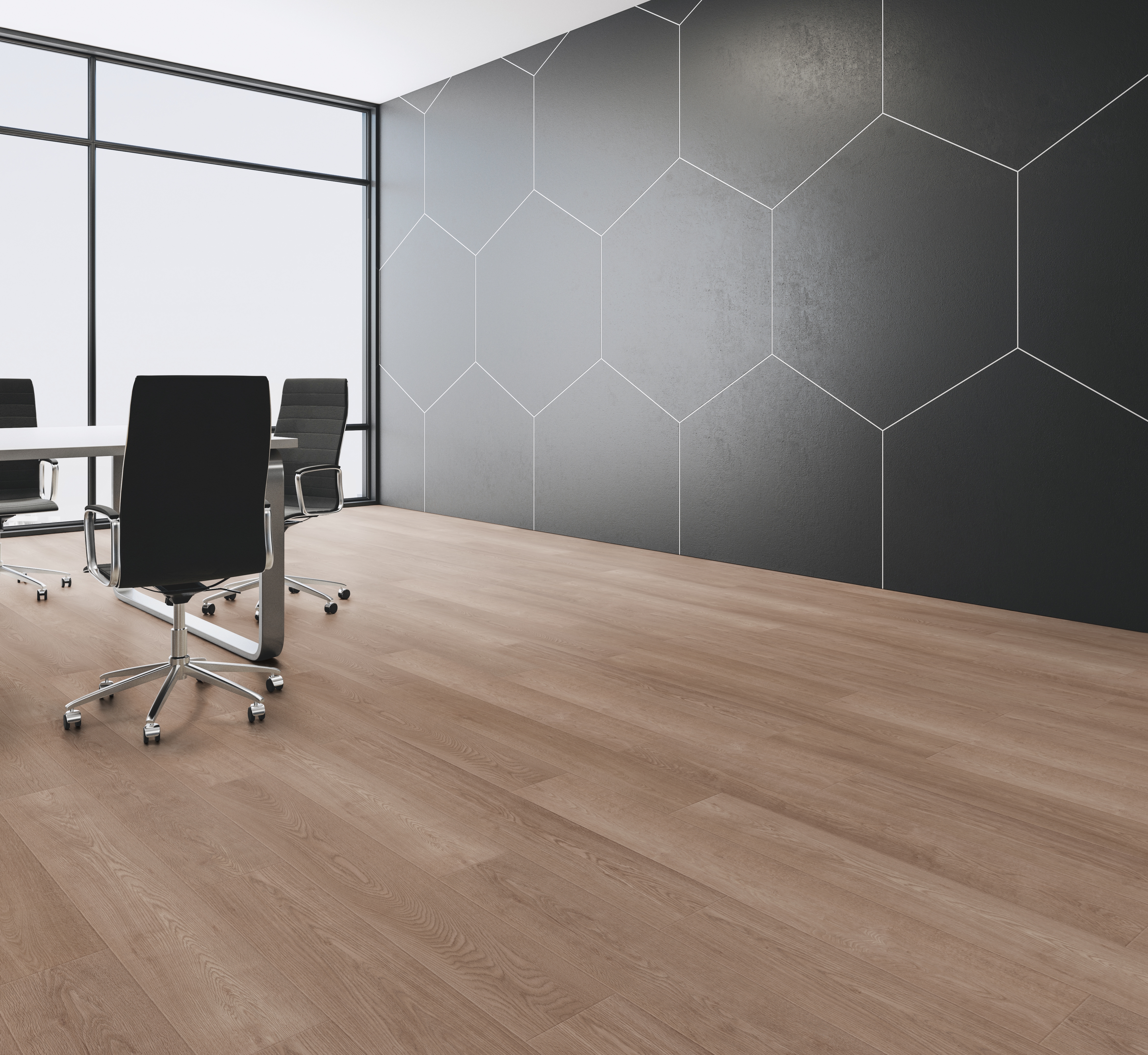 Moderne Raumgestaltung mit Holzoptik Bodenbelag und strukturierter Wand im Hexagon-Design.