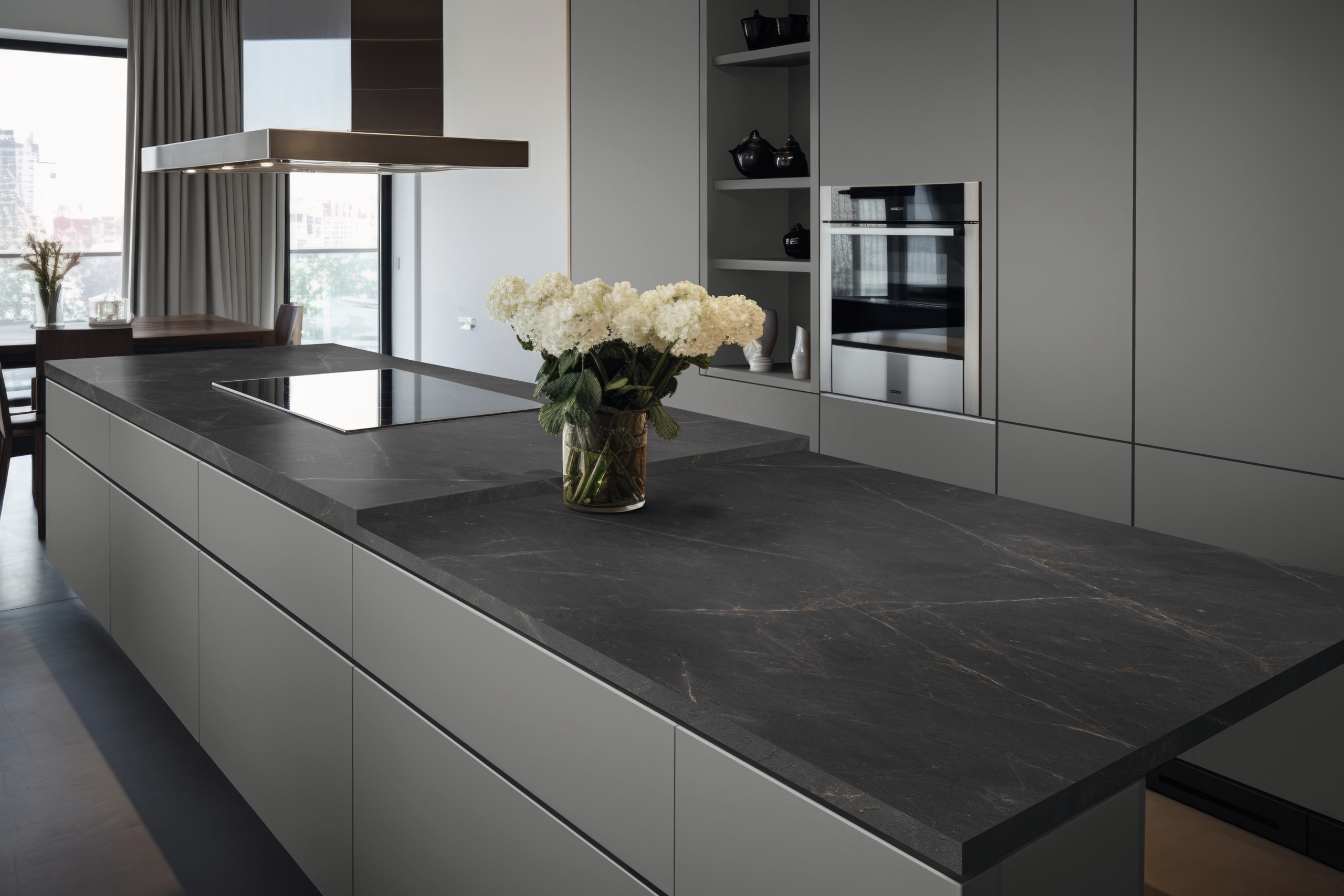 kitchen, Insel, Granitplatte, Einbauofen, graue Schränke