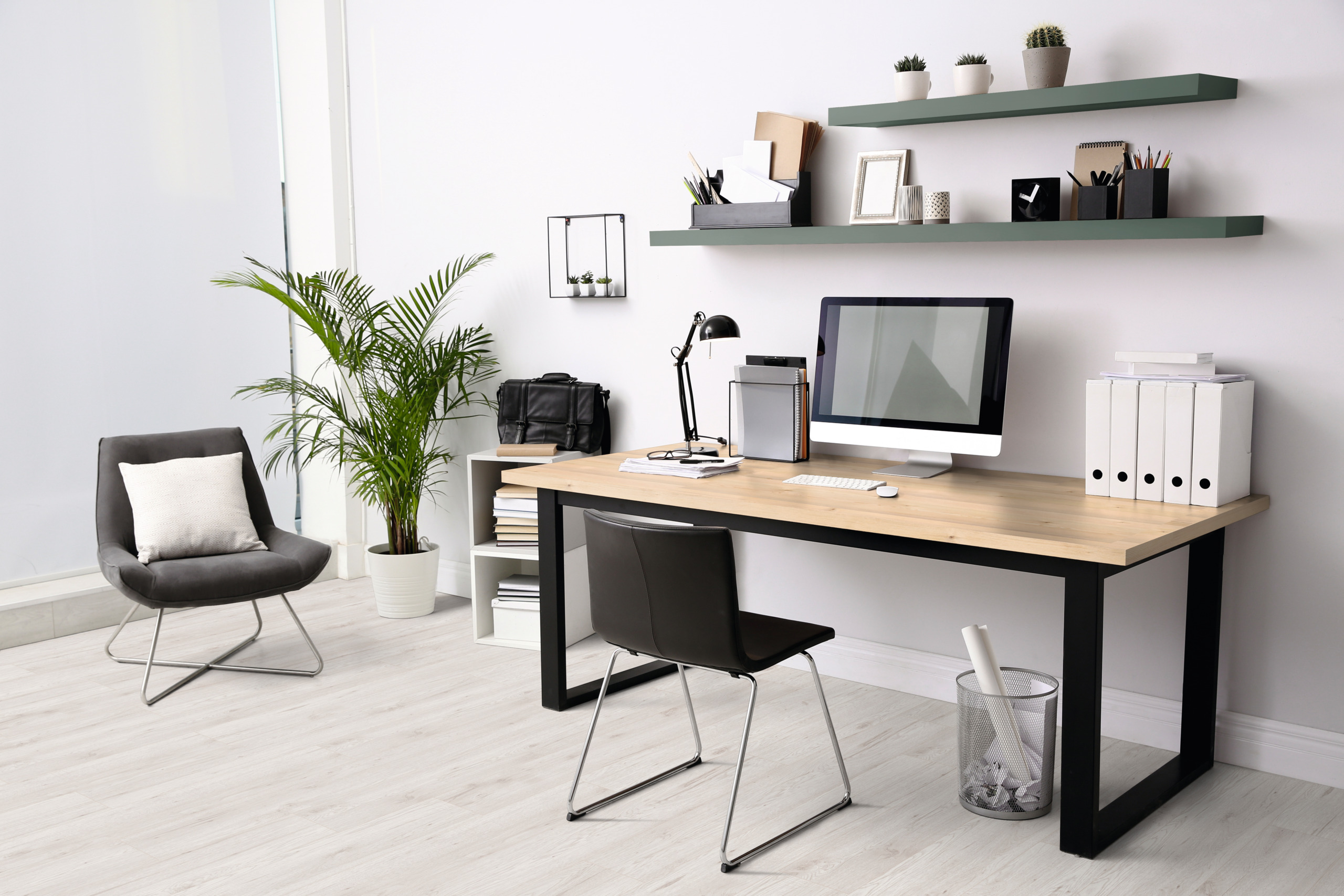 home office, desk, computer, chair, plants