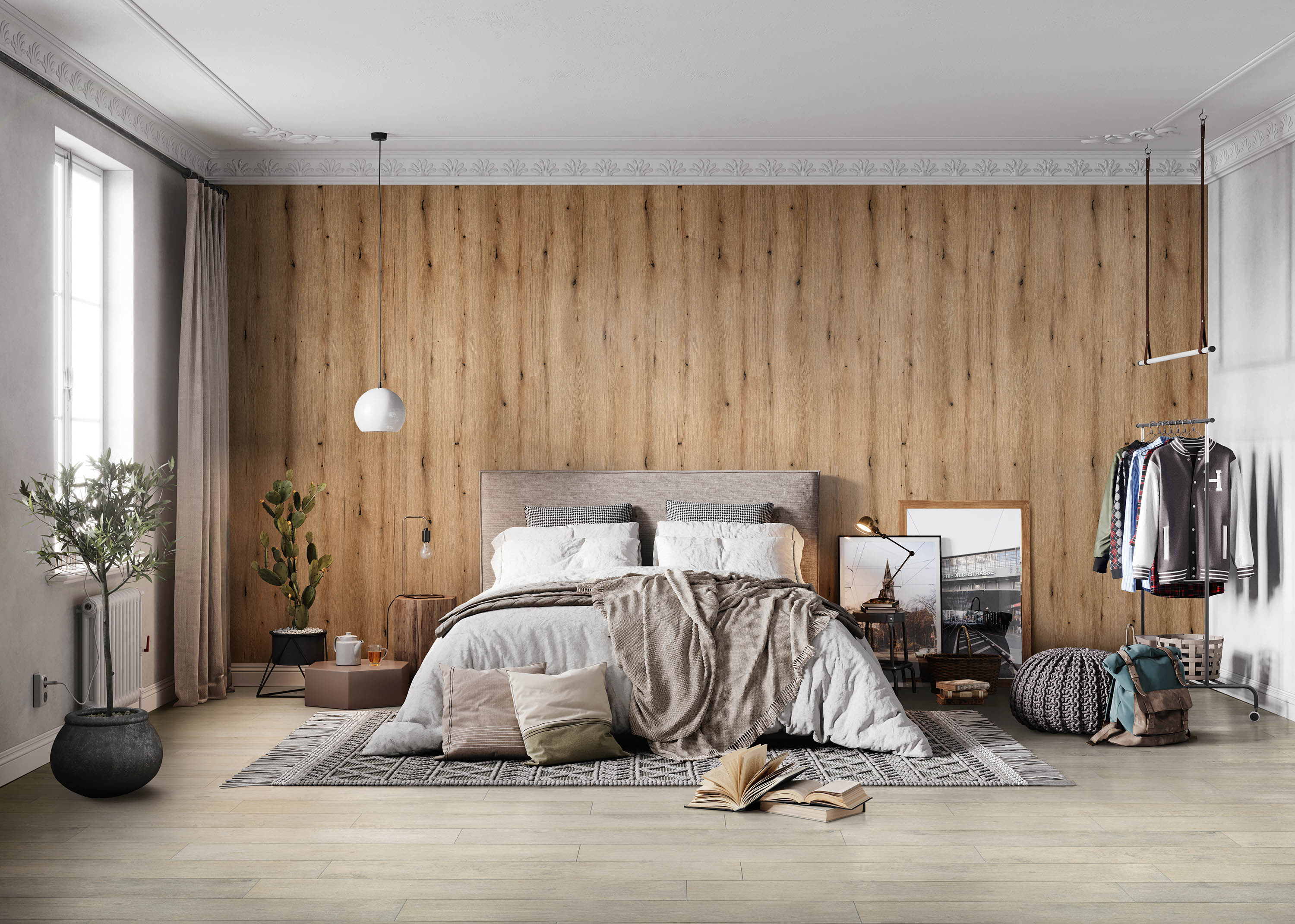 Schlafzimmer-Raumgestaltung mit Holzmuster-Wandverkleidung, hellem Bodenbelag und dekorativen Wandabschlüssen.